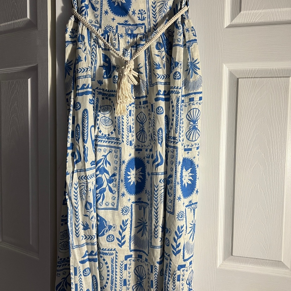 Calypso St. Barth Blue and Cream Maxi Skirt with Tassel Tie